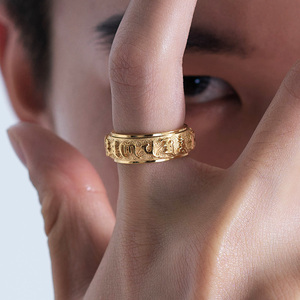 六字真言钛钢戒指男潮可转动食指指环可转动男士潮男个性梵文