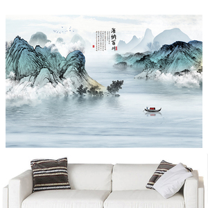 新中式水墨山水画装饰画海纳百川客厅电视背景墙贴壁挂画自粘海报