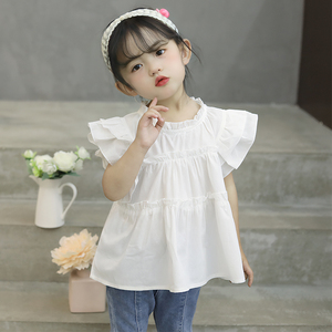 女童短袖娃娃衫衬衫2024新款夏季白色洋气时髦儿童小飞袖上衣衬衣
