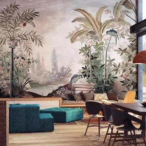 美式中世纪热带雨林手绘复古壁纸西洋画客厅背景墙纸壁画墙布壁布