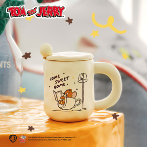 猫和老鼠正版周边水杯TOM and JERRY奶油色带勺马克杯咖啡杯带盖