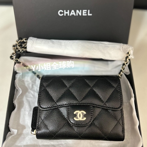 Chanel/香奈儿 黑金荔枝皮CF 卡包链条包黑金黑色拉链款小包