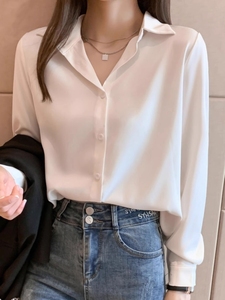 Yishion以纯衬衫女2024春装新款白色长袖明扣缎面衬衣宽松职业工
