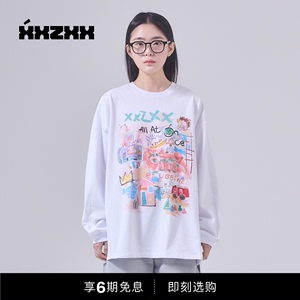 [韩国设计团队]XXZXX趣味美式涂鸦 螺纹袖口长袖T恤男女同款2117