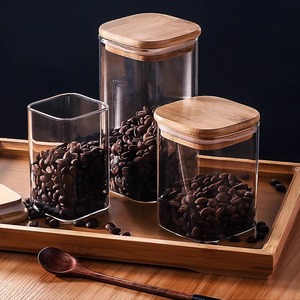 方形玻璃密封罐带竹盖五谷杂粮收纳盒咖啡豆花茶叶罐储物罐空瓶子