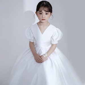 儿童礼服公主裙女童缎面白色小女孩花童婚纱主持人钢琴演出服秋季