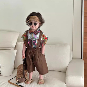 小资范童装儿童夏季套装新款韩版男孩复古短袖背带裤宝宝两件套潮