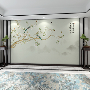 新中式花鸟电视背景墙壁纸自粘贴画素雅卧室客厅轻奢意境影视墙布