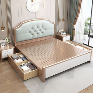 全友᷂家居美式轻奢实木床现代简约1.5米1.8双人床主卧南康家具软