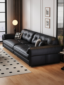 全友家私官网黑色真皮沙发意式极简头层牛皮直排复古家用沙发客厅