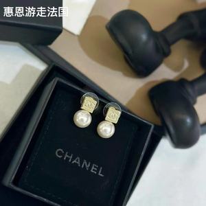 法国直邮代购Chanel/香奈儿耳钉 方形CC字母雕刻珍珠吊坠耳环耳饰