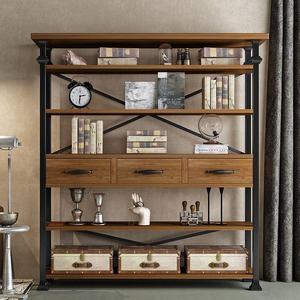 多层置物架书架美式复古落地展示现代实木货架书柜客厅铁艺办公室