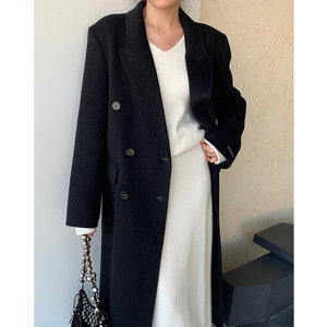 韩国代购双排扣羊毛大衣女2023冬季新款宽松双面羊绒中长款外套