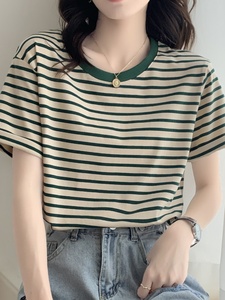 李宁͌联名显白复古绿色条纹撞色短袖T恤女学生宽松显瘦上衣夏季