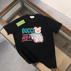 Gucci/古驰 2024SS新款双G字母印花小熊图案logo宽松上衣拼色短袖