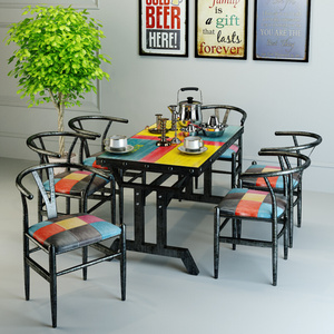 复古铁艺奶茶店休闲y椅工业风桌椅 中式仿木纹非实木主题餐厅椅子