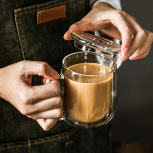 双层隔热玻璃杯喝水创意带把有盖茶杯家透明咖啡杯用水杯子口杯