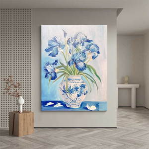 新中式青花瓷花瓶客厅装饰画植物花卉纯手绘油画玄关过道走廊挂画