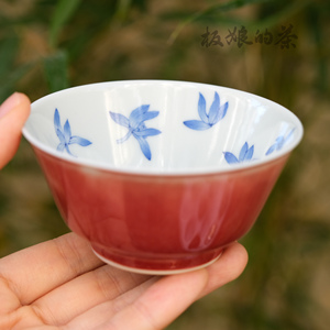 板娘的茶 焱谷青花豇豆红手绘兰花撇口杯容量70ml yg166