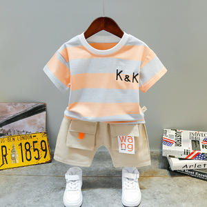 夏季清货2024年韩版男童女童KK条纹0-4岁短袖外贸两件套儿童套装