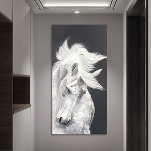 玄关马到成功手绘油画客厅抽象俊马装饰壁画国风黑白肌理丙烯挂画