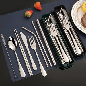 便携餐具7件套刀叉勺子筷子套装吸管不锈钢餐具筷子牛排刀叉套装