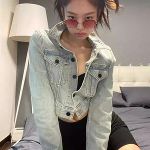 jennie金智妮张天爱同款牛仔短外套女2024秋韩高腰复古小个子上衣