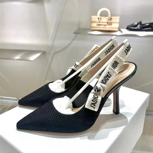 代购Dior/迪奥正品24春夏布面字母织带尖头小猫跟凉鞋高跟鞋