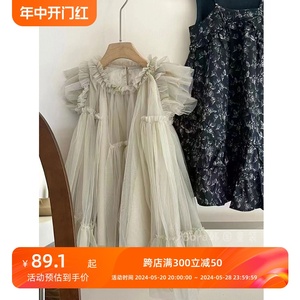 波拉韩国女童连衣裙夏季高级感2024新款洋气儿童灰色气质网纱裙爆