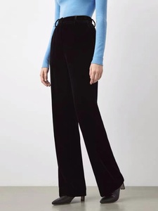 朗姿2024年春季新款黑色丝绒休闲裤复古高腰直筒垂感西装长裤女士