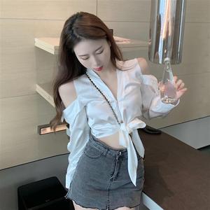 网红直播衣服女主播服装上镜性感短款漏肩上衣露肩衬衫长袖春秋款