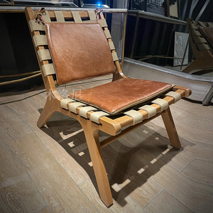 美式复古油蜡皮休闲椅日式中古实木单人椅帆布混搭个性躺椅子家具