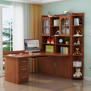 实木书桌书架组合转角电脑桌台式书柜一体儿童卧室拐角学习写字桌
