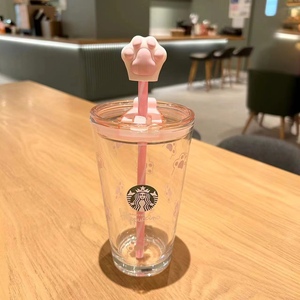 星巴克杯子可爱粉色猫爪樱花玻璃吸管杯牛奶杯双饮口女生节日礼物