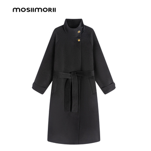 MOSIIMORII中长款黑色立领大衣女秋冬2024新款设计感双面毛呢外套