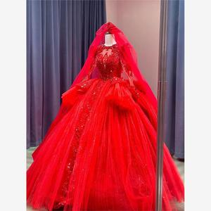 红色中式主婚纱2024新款新娘高级感复古宫廷风重工奢华长袖大拖尾