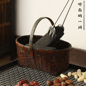 竹编碳篓复古小碳筐橄榄碳斗围炉煮茶碳炉配件手工提篮装炭小箩筐
