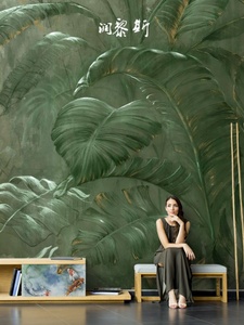 手绘热带雨林植物复古壁纸电视背景墙纸客厅沙发民宿酒店餐厅壁画