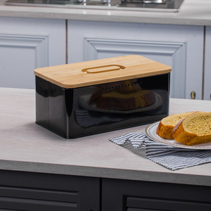 厨房专用收纳箱提手竹盖面包盒透气保鲜厨房烘焙食品储存罐经典黑