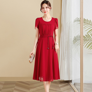 红色短袖连衣裙女气质显瘦夏季2024新款高端中年女士日常可穿裙子