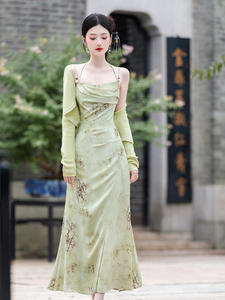 新中式国风女装淡绿色竹子印花吊带连衣裙搭配外套两件套套装裙夏