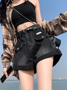 HM(服饰)黑色牛仔短裤女夏季薄款设计感高腰卷边a字阔腿辣妹热裤