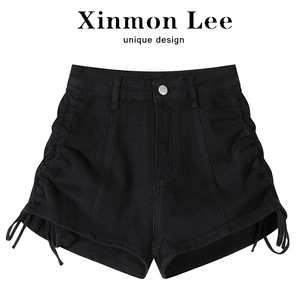 HM(服饰)XinmonLee黑色牛仔阔腿抽绳设计感高腰短裤子女显瘦夏季