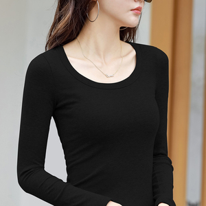 长袖t恤女秋季修身大圆领百搭上衣女装u领螺纹棉显瘦打底衫内搭潮