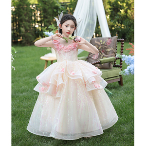 女童礼服粉色蓬蓬纱主持人生日公主裙高端洋气儿童钢琴演出服花童