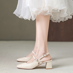 卓诗尼时装凉鞋女款2024新款夏季外穿气质米白粗跟高跟鞋包头女鞋