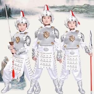 儿童古装男孩古代将军衣服赵子龙盔甲二郎神白色战袍战甲表演服装