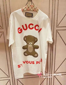 代购Gucci/古驰 24新款刺绣小熊字母logo休闲圆领短袖t恤男女同款