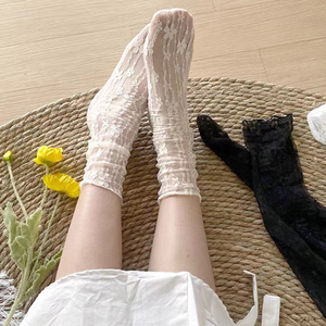 夏季花朵玛丽珍穿搭白色蕾丝袜子女款中筒堆堆袜黑色春秋薄款短袜