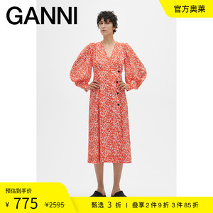 GANNI女装 橘色印花绉纱V领裹身式长裙连衣裙 F6901206